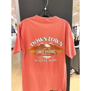 1983 Harley Davidson 80s Vintage Downtown Seattle Pink Henley Button Tee Shirt